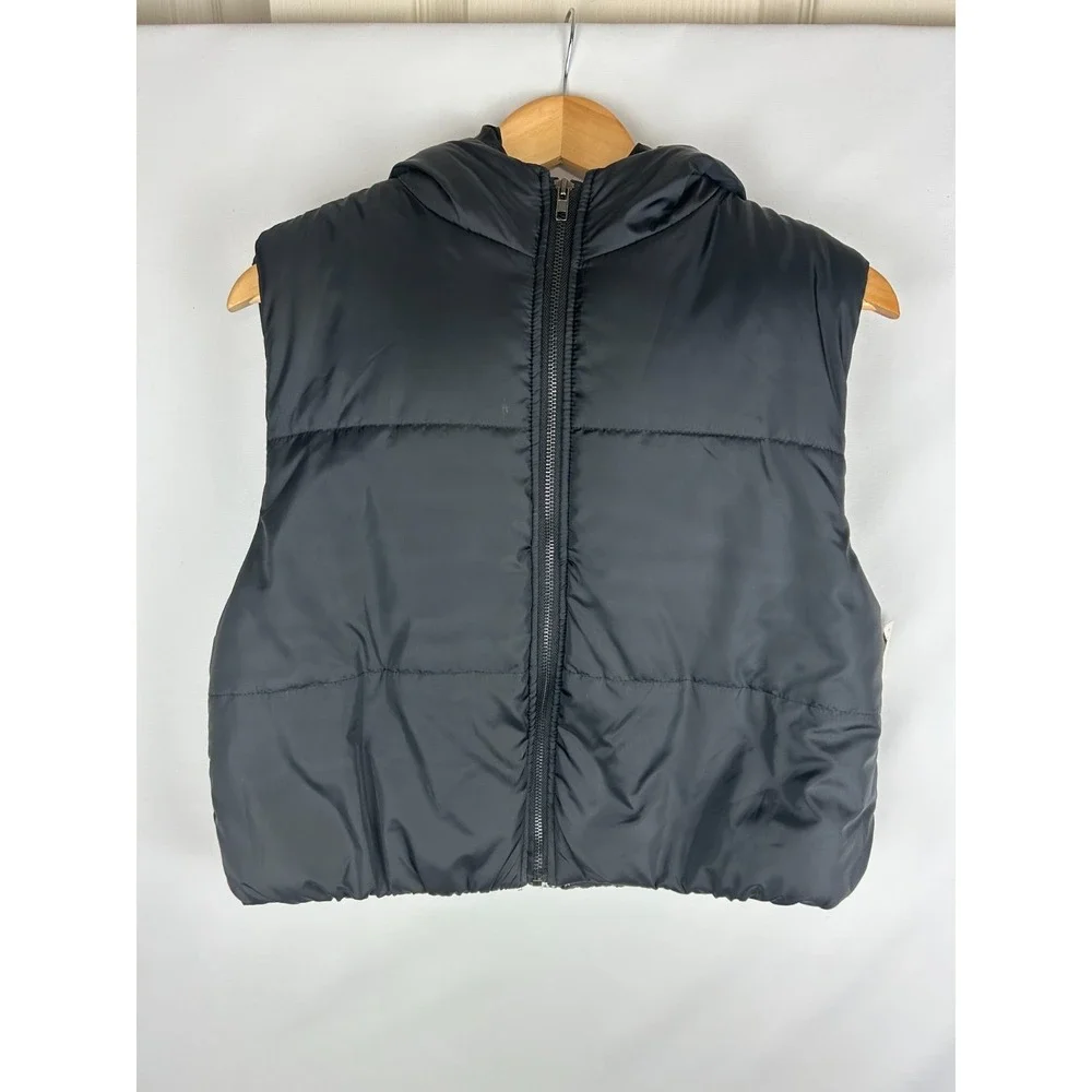 No Comment Womens Black Puffer Fleece Lined Vest w/ Hood Sz M
